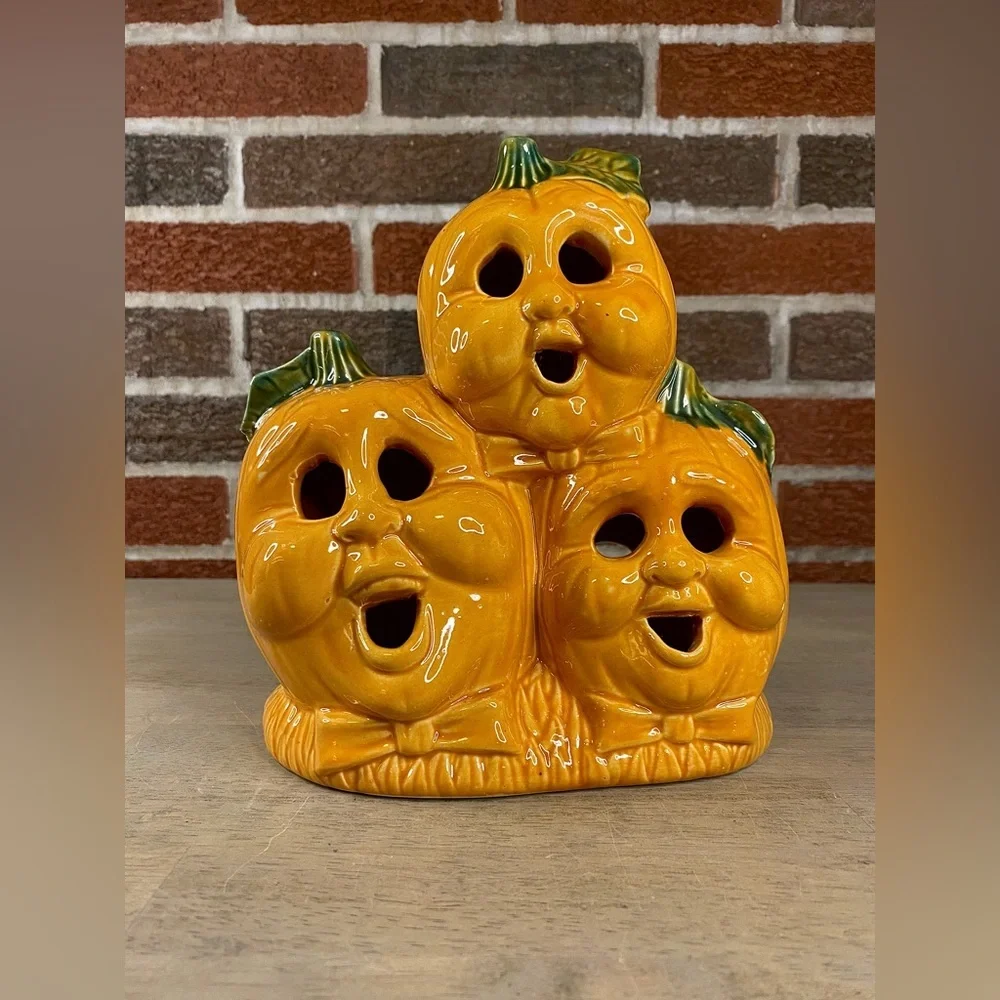 VTG Halloween Ceramic Light Up Pumpkin Patch Jack O Lantern 8 x 7